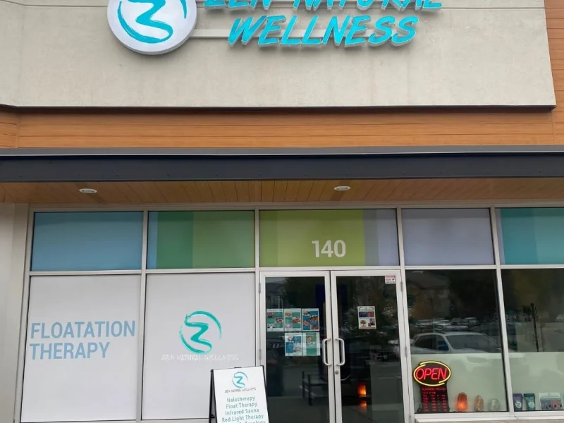 ZEN Natural Wellness Centre storefront with floatation therapy signage and entrance