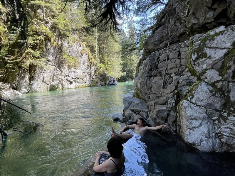 Natural rock soaking pool in a forest canyon with guests relaxing