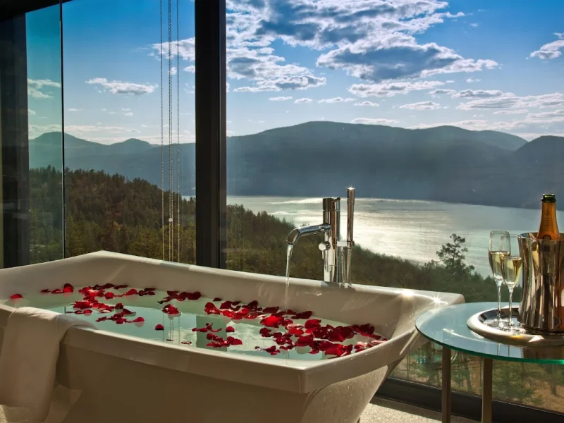 Romantic soaking tub with rose petals and mountain lake views